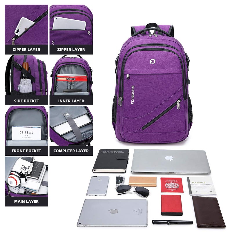FENGDONG Durable Waterproof Travel Large Laptop Backpack 17.3 inch,College Backpack Bookbag for Men & Women Business Backpack with USB Charging Port and Headset Port Purple - Image 3